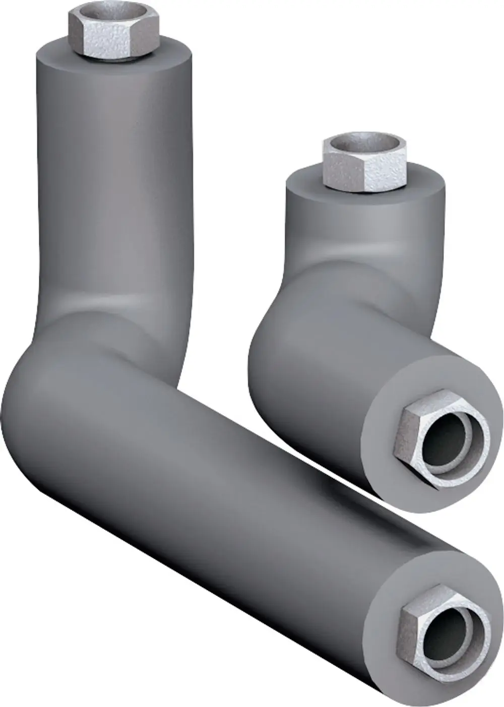 Zwei graue Hybrid-Komponenten mit einer Schraubverbindung, die für Bosch Produkte konzipiert sind, angeordnet in einem rechten und linken Winkel.